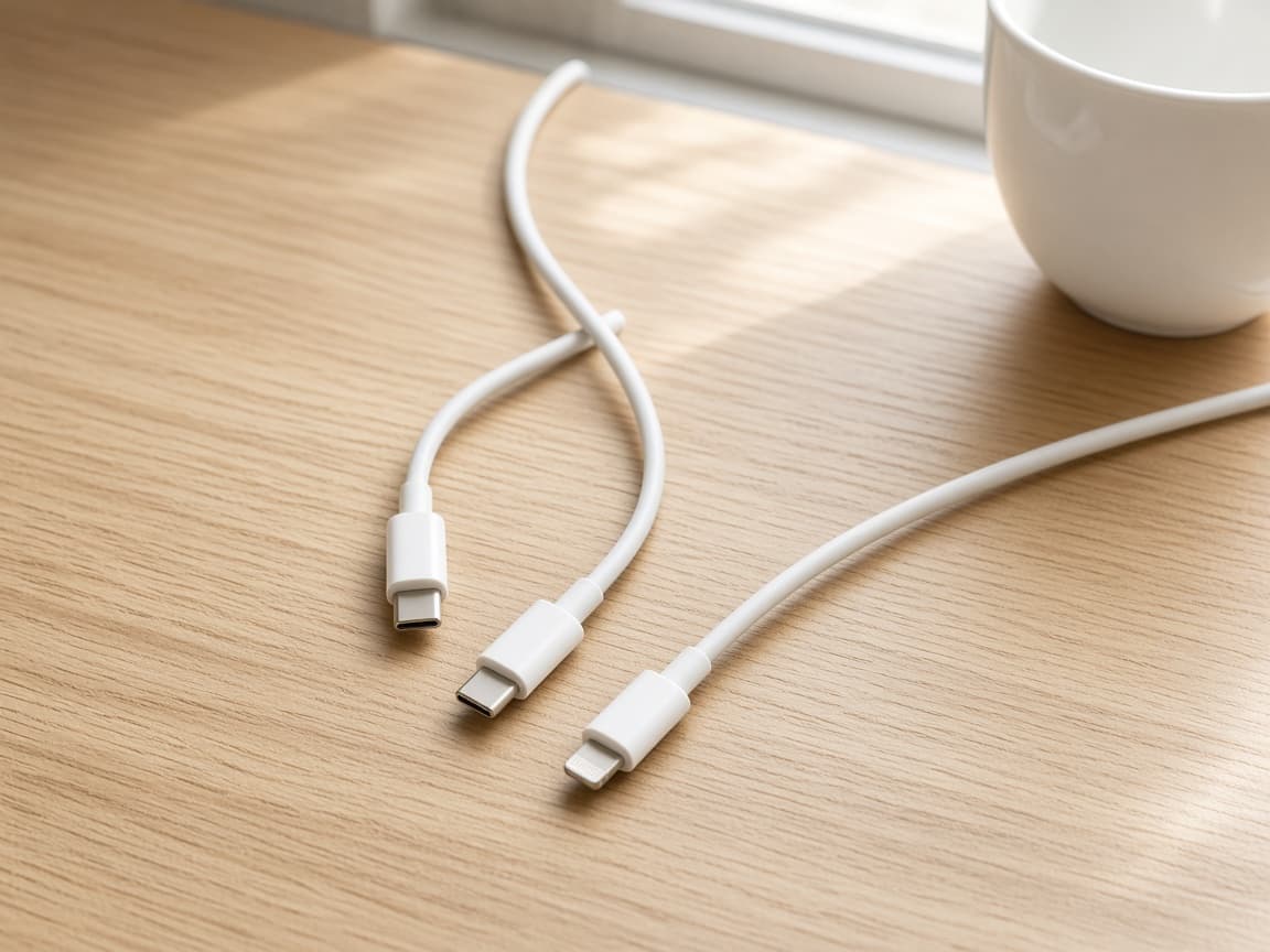 Cables USB-C y Lightning sobre un escritorio al sol