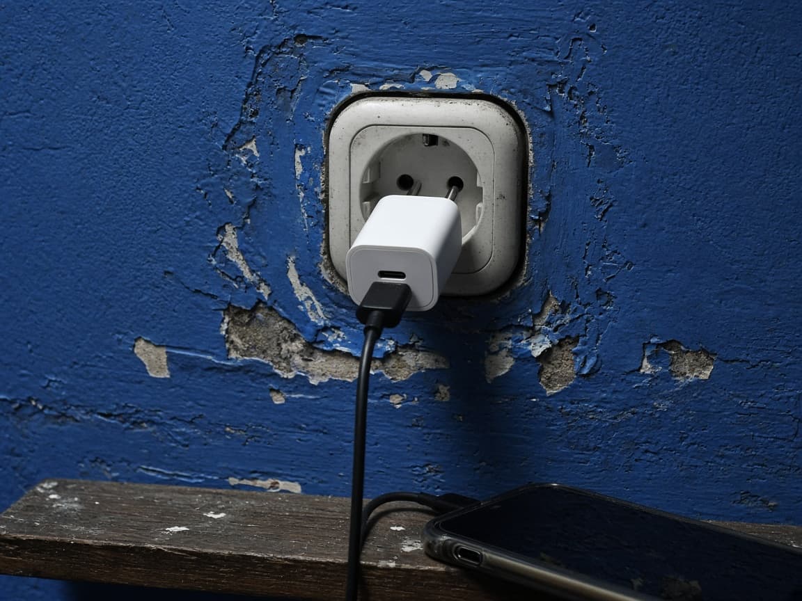 Un cargador USB-C enchufado en una toma de dos patas redondas