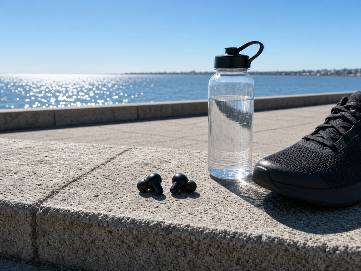 Auriculares para entrenar en la rambla, al lado de una botella y una zapatilla