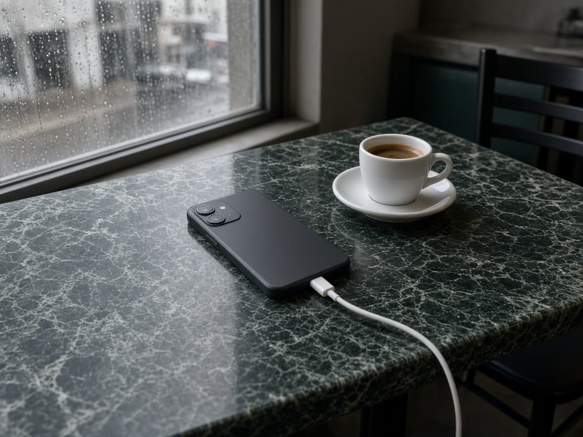 Un teléfono con cable USB-C en la mesa de un café