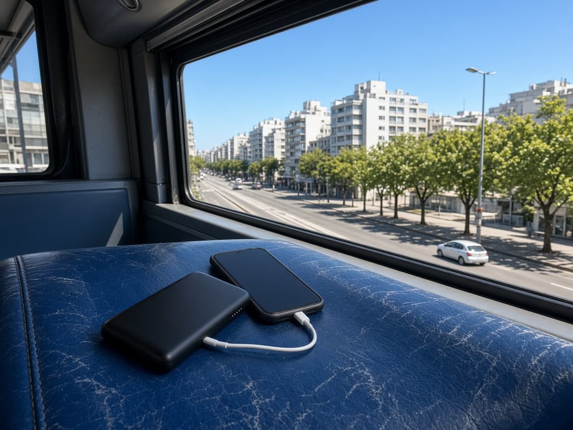 Power bank cargando un teléfono en el asiento de un ómnibus, de día