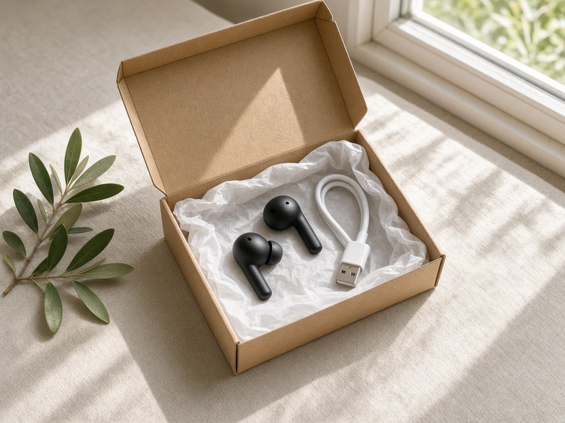 Auriculares y un cable en una caja abierta, junto a una ventana